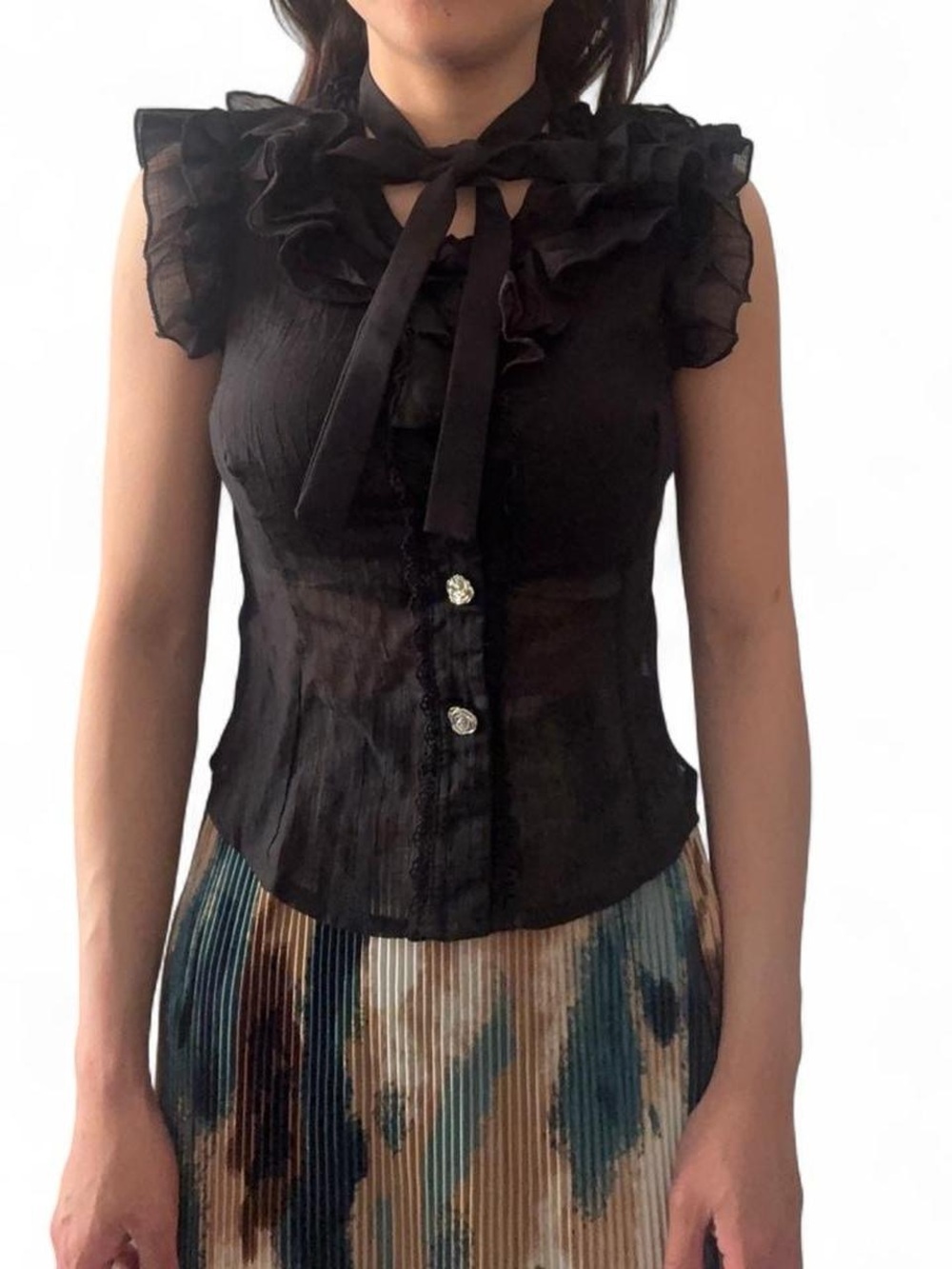 Black Ruffled Tie-Neck button down Sleeveless sheer chiffon Top